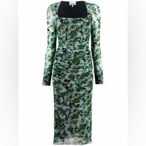 Ganni Green Floral Long-Sleeve Midi Dress with Square Neck